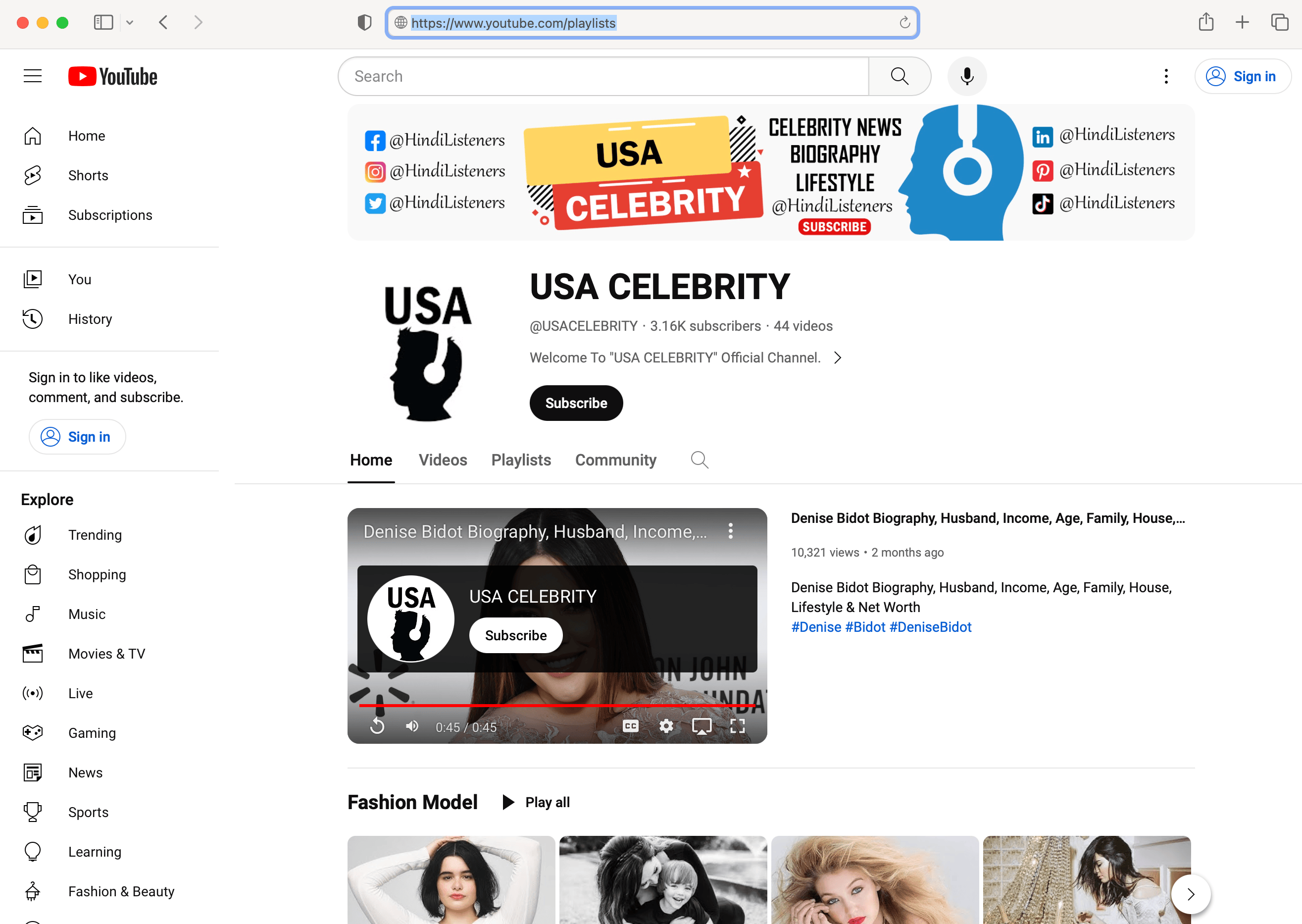 screenshot of "youtube.com/playlists" with a random account with the handle "@USACELEBRITIES"